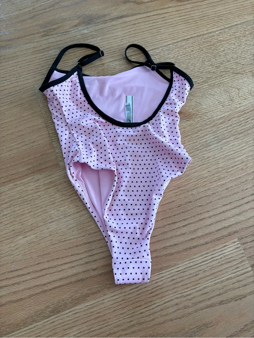 Frankie's Bikinis Pink Polka Dot One-Piece Swimsuit with Black Trim